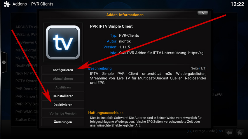 Im Menü vom PVR IPTV SIMPLE CLIENT als erstes auf KONFIGURIEREN klicken